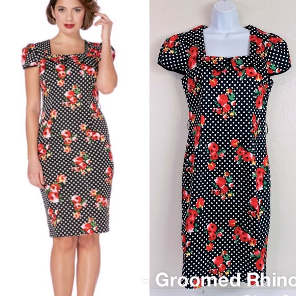 Voodoo Vixen Dresses & Skirts - Voodoo Vixen Rockabilly Retro Polka Dot Floral Pin Up Pencil Dress Size L